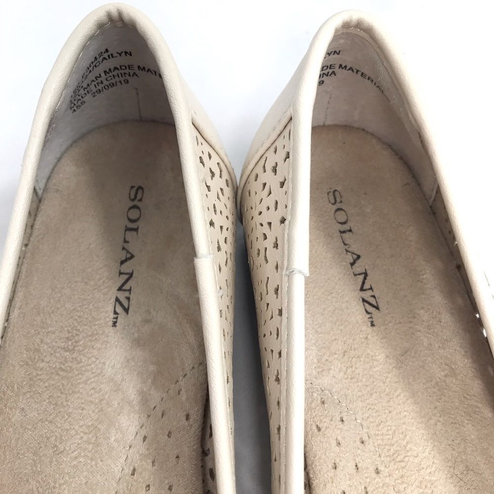 Solanz Cream Laser Cut Faux Leather Slip On Memory Foam Ballet Flats - Picture 7 of 14